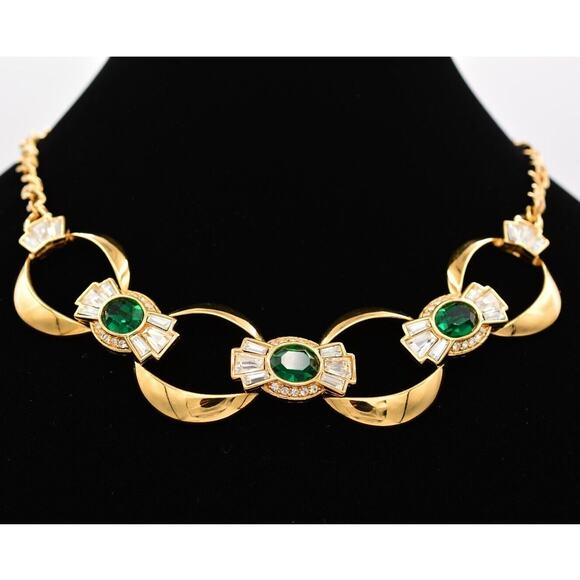 Givenchy Vintage Green Crystal Necklace Collar Gold Baguette Chunky Signed BinK - Picture 1 of 12